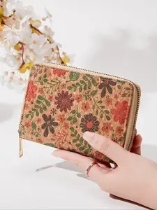 Women's Vintage Floral Pattern Zipper Short Wallet, Pu Leather Coin Purse with Card Slot, Multi-functional Boho Style Wallet for Daily Use, Stylish Wallet