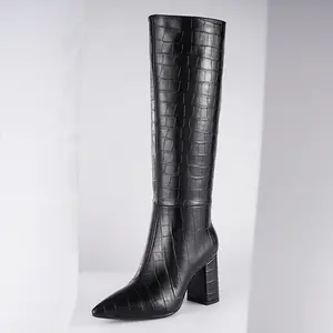 Women's Knee-High Boots - Faux Crocodile Pattern, Wide Calf Design, Long Tall Style, Zipper Closure, Pointed Toe, Block Heel, Chunky Look. Sizes 6-11. Trendy & comfortable, perfect for making a statement. Footwear Walking Shoes