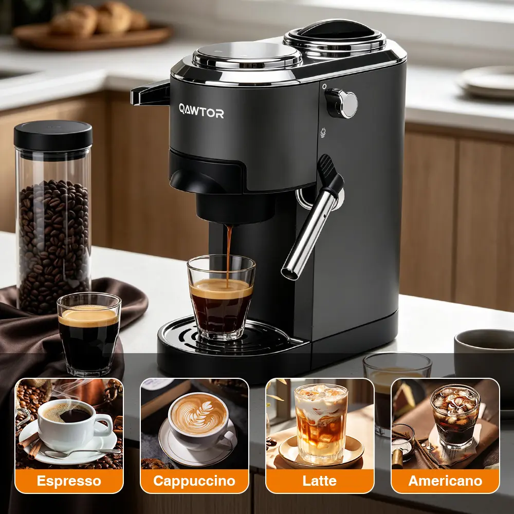 Qawtor KM-1008 All-in-One Portable Espresso Machine, 20 Bar Pressure Coffee Maker with Milk Frother, Dual Capsule & Ground Coffee System, Rechargeable Coffee Machine for Home, Travel and Outdoor Use