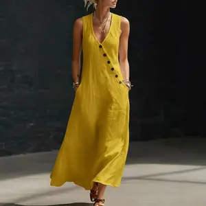 Boho Maxi Dress - Perfect for Beach, Vacation & Brunch! Sleeveless V-Neck Button Detail Casual Dress with Pockets # SleevelessDress # CasualDress # SummerDress # BohoFashion # VNeckDress # DressesForWomen # Outfit of the Day