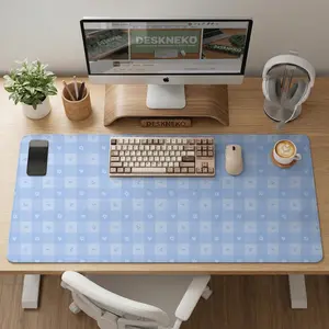 Blue gingham desk mat, extended mousepad, extra large deskpad for keyboard and mouse, cute kawaii floral hearts checkered pattern