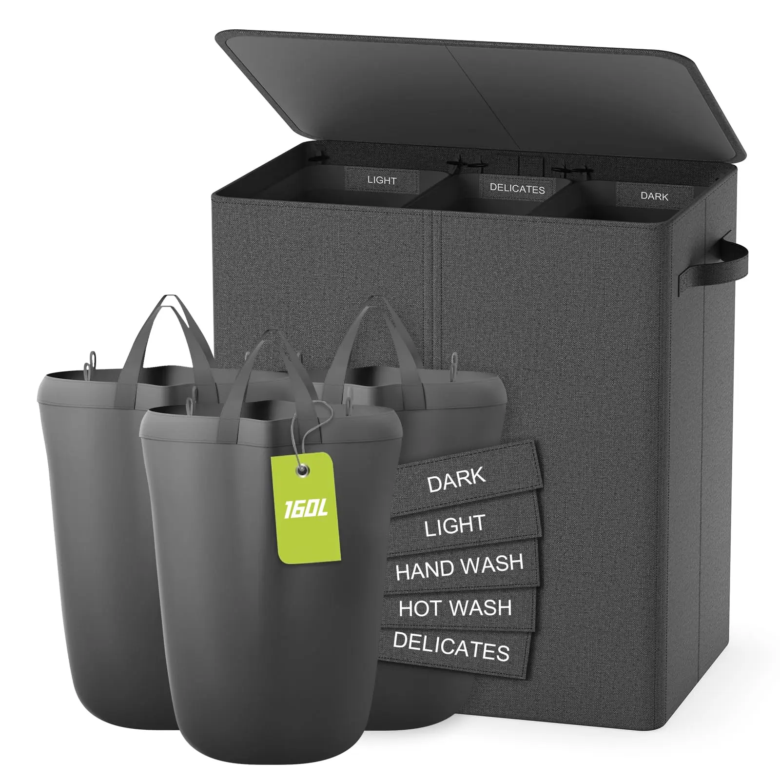 160L Laundry Hamper 3 Section with Lid for Laundry Large Basket with Removable Bags & Labels for Sorting Dark Grey