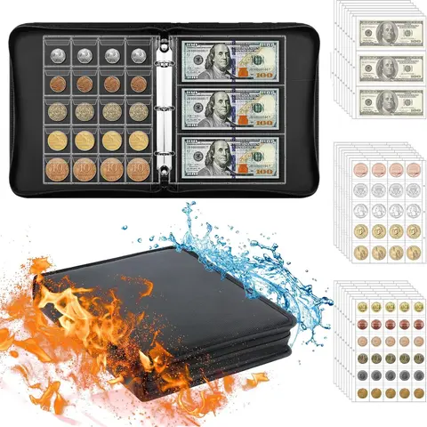 Fireproof Coin Collection Binder Album - Home Organizer Storage Case with 300 Separate Pockets, 36 Sleeves, 180+ Coin Slots, Silicone Cover, Waterproof Double Zip Closure, Fireproof Up to 2000°F for Stamps, Bills, Collector Gifting to Colleagues