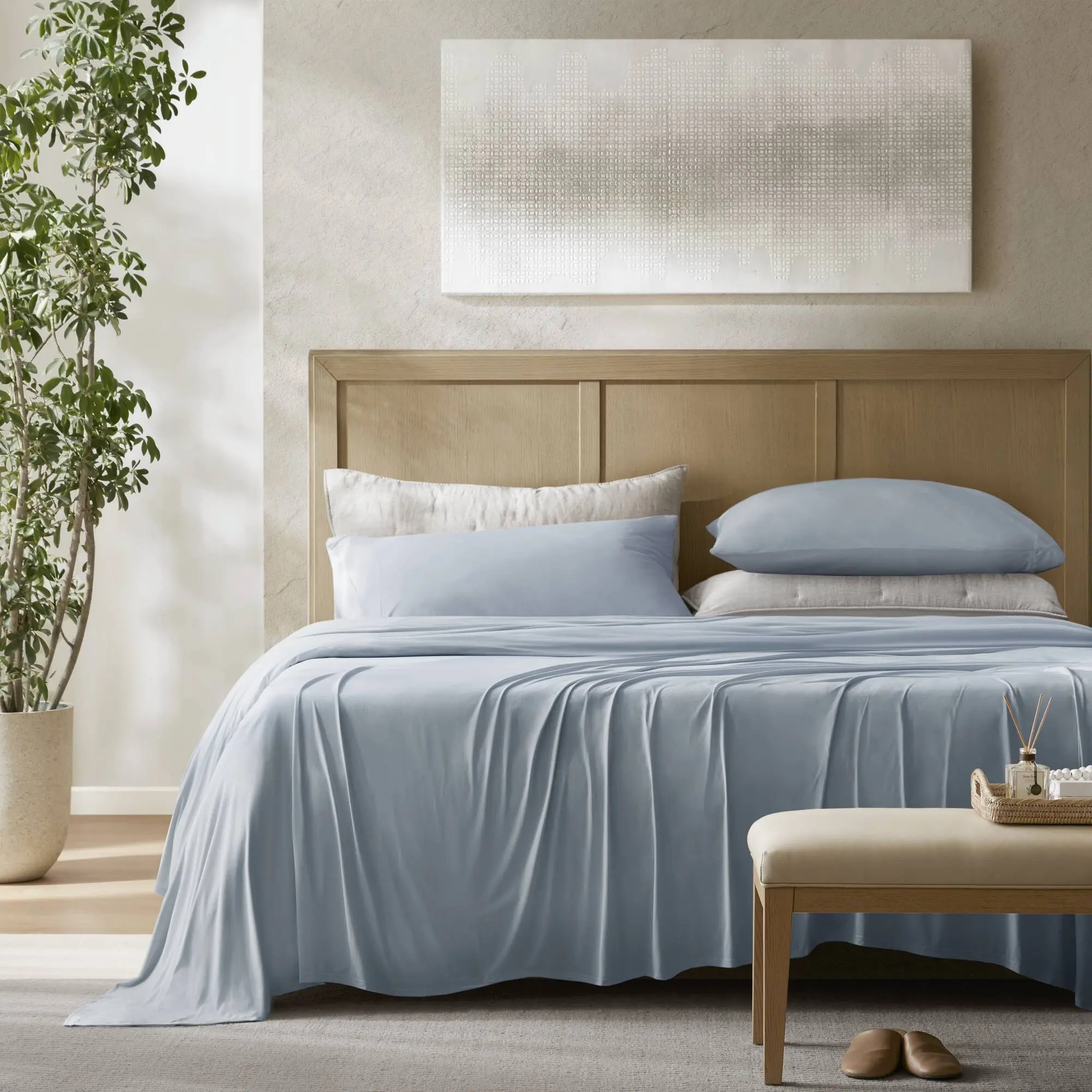 King Stretch Jersey Sheet Set – 4-Piece Cotton Blend Bedding in Blue, Soft & Breathable with Deep Pockets, Wrinkle-Resistant, Fitted & Flat Sheets Plus Pillowcases