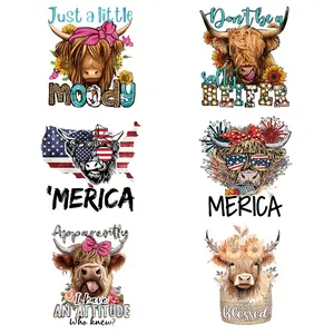 6pcs Cartoon Highland Cow & Independence Day Cow Heat Transfer Stickers, Washable Iron-On Patches for T-Shirts, Masks, Jeans, Backpacks, Hats, Diy Kit