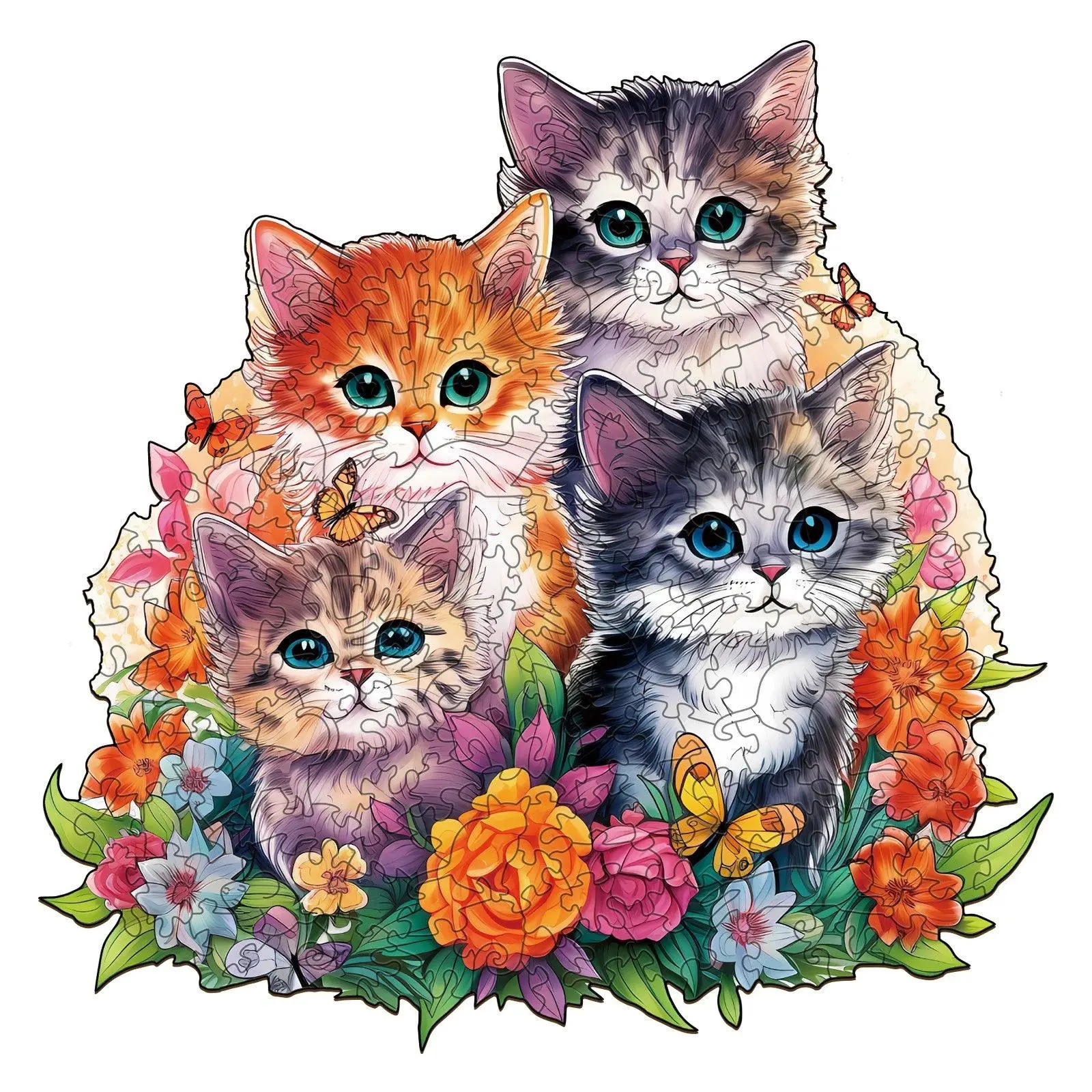 Cute Kitten Wooden Jigsaw Puzzle for Adults and Kids Unique Shape Animal Wood Puzzles Challenging Puzzle, Family Game Creative Gifts，Laser-Cut Durable HDF Wood Puzzle Kitty