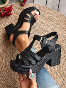 2026 Summer Must-Have Black T-Strap Chunky Heel Platform Sandals, European And American Popular Retro Multi-Strap Block Heels For Women, Metallic Buckle Accent, Comfort Non-Slip Sole, No EVA Material, Great For Music Festivals Beach Trip Streetwear Date N
