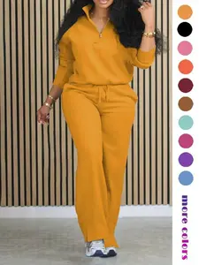 Women's Half Placket Split Hem Pants Set, Casual Long Sleeve Top & Pocket Wide Leg Trousers for Summer, Ladies Clothes for Daily Wear(gift)