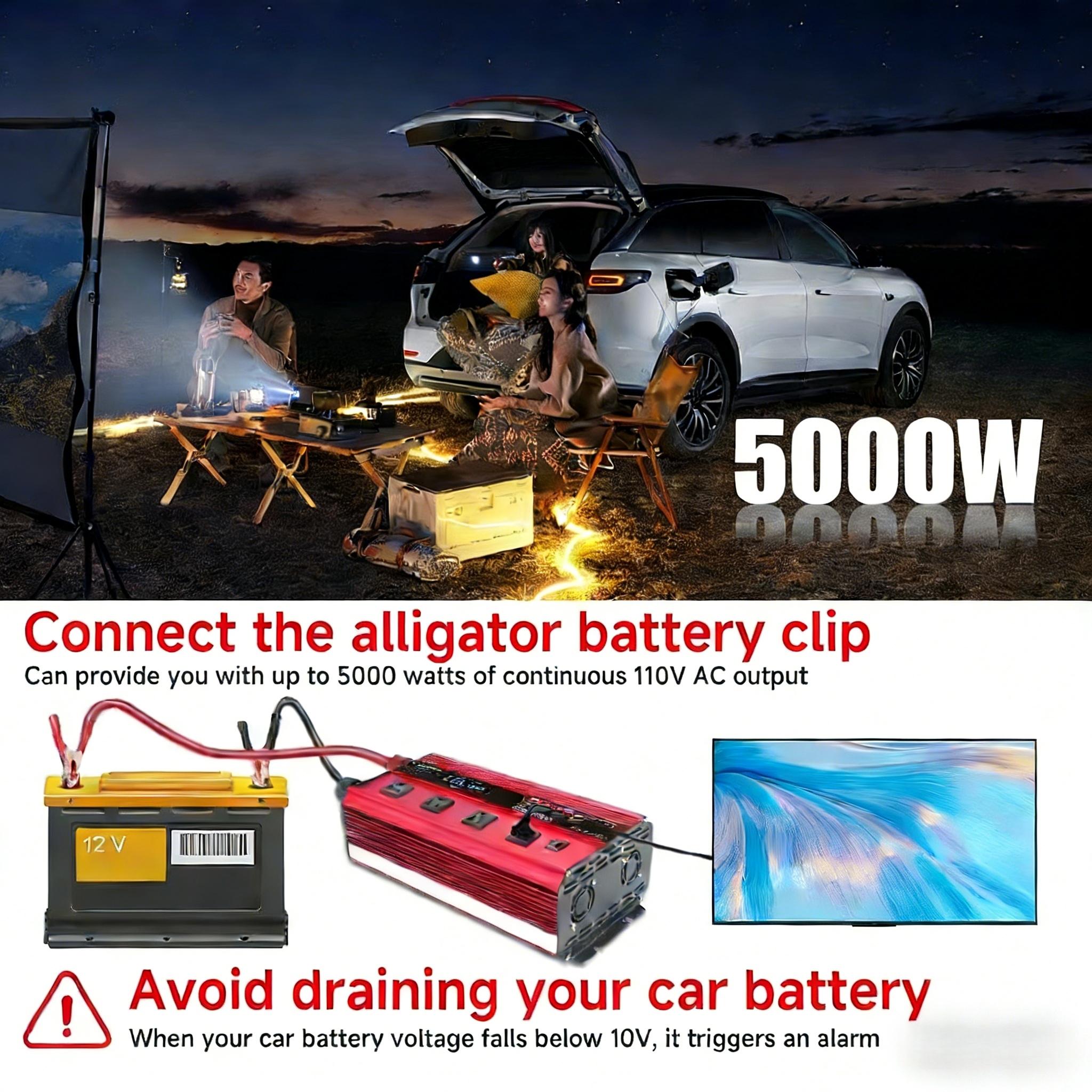 Vehicle Power Supply Inverter DC 12V to 110V AC with 3 AC Sockets 4 USB Fast Charging Ports 5000W Peak Power Car Converter for Outdoor Camping RV Truck Boat Road Trip Emergency Power Backup