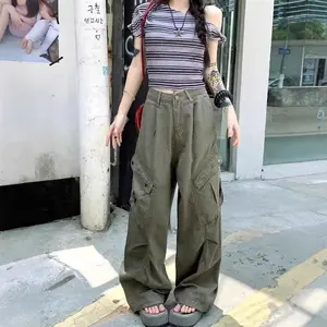 Women's Vintage Pleated Design Multi-Pocket Jeans, Wide-Leg Cargo Floor-Length Pants Womenswear Bottom