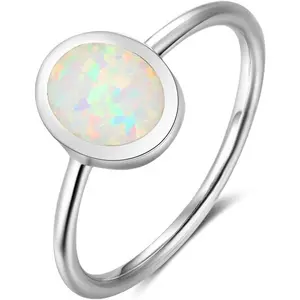 Stainless Steel Oval Shape Simulated Fire Opal Wedding Engagement Proposal Ring