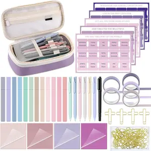33 count  Study Supplies Journaling Kit for Women  Highlighters and Pens No Bleed with Pen Case Tabs Washi Tapes Sticky Notes Paper Clips and Markers Book Annotation Set( Purple)