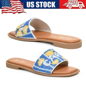 Womens Beaded Slide Sandals Square Toe Flat Slip On Summer Casual Beach Comfort Shoes