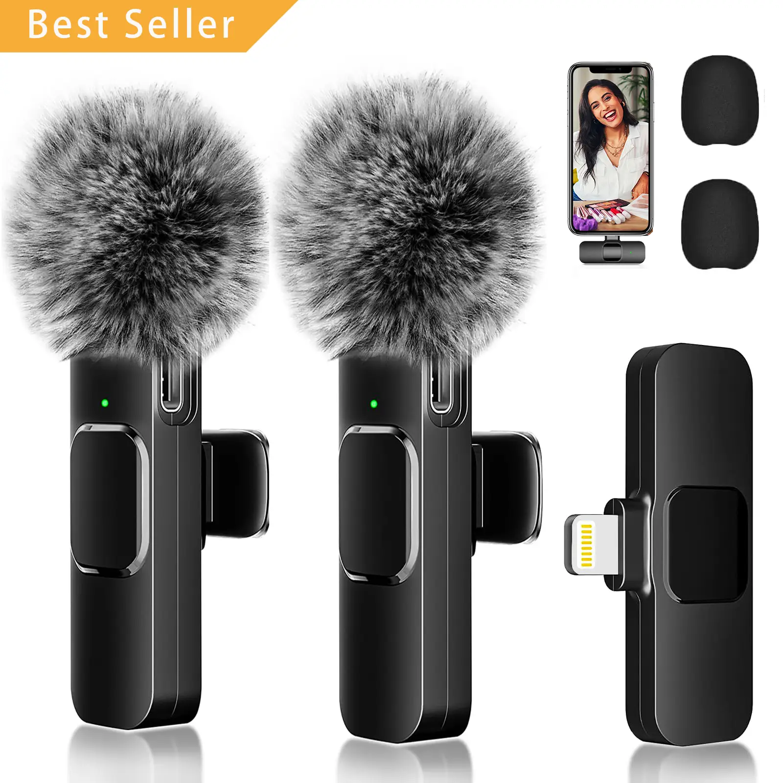 2pcs Professional Wireless Lavalier Lapel Microphone for iPhone, iPad - Cordless Omnidirectional Condenser Recording Mic for Interview Video Podcast V