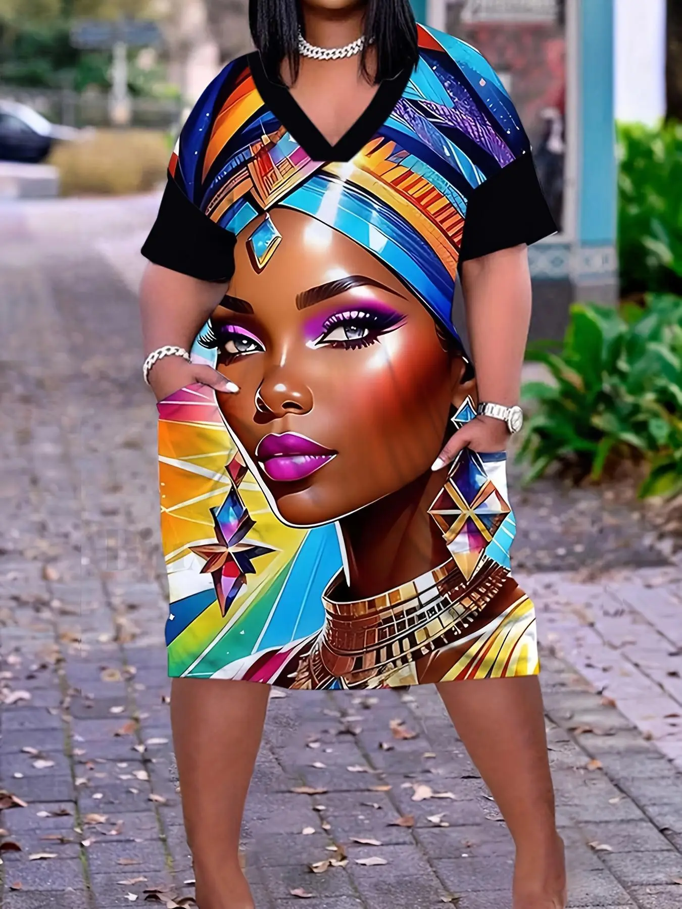 [Plus Size] All Over Print V Neck Dress, Casual Boho Chic Style Bohemian Short Sleeve Dress for Daily Wear, Women Plus Clothing for All Seasons, Casual Fashionable Dress
