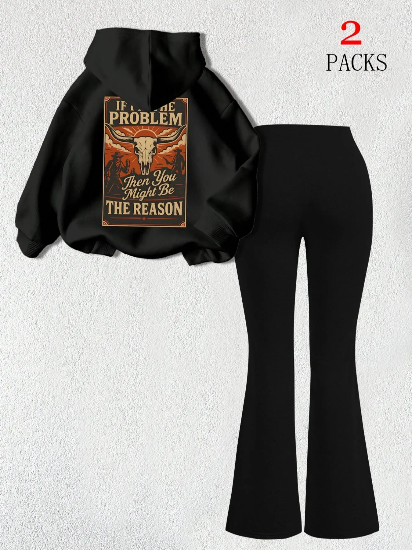 Women's 2-Piece Hoodie & Flare Pants Set, Matching Outfit Set, Western Cowboy Graphic Print Oversized Hoodie with Kangaroo Pocket, High-Waisted Stretchy Flare Leggings, Soft Fleece Fabric, Perfect for Casual Wear and Loungewear