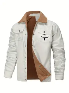 Men's casual heavyweight cotton-polyester jacket with buckle closure, multiple pockets and bull head logo Casual Fashionable Jacket - solid color autumn and winter coat Button Front Jacket