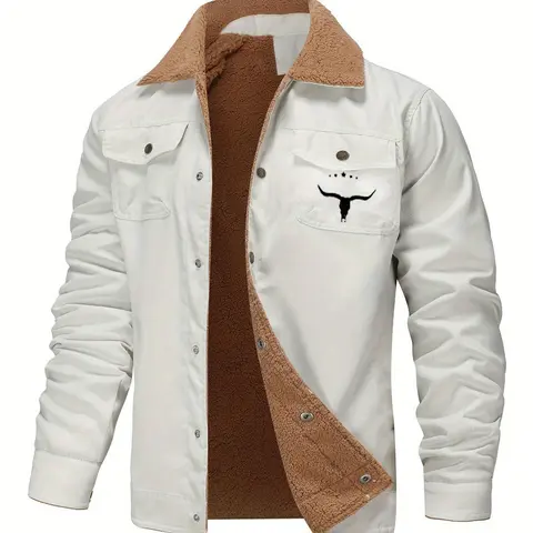 Men's Casual Heavyweight Jacket with Snap-Button Closure and Bull Skull Logo, Outerwear for Fall and Winter, Fitted Woven Jacket