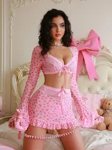 UrbanAthleteStore x PetitDoll 3pcs Sexy Women's Printed Mesh And Spliced Lace Lingerie Set For Going Out