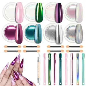 Chrome Powder for Nails 8 pcs, Magic White Pearl Chrome Nail Powder Kit Mirror Effect Chrome Powder Holographic Nail Powder Pigment Glitter Nail Powder Nailr Art Decoration