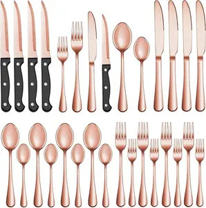 24 Piece Rose Gold Stainless Steel Silverware Set, Including Forks, Knives And Spoons Service For 4-12, Dishwasher Safe Cutlery Set ,Flatware Sets Designed For Use In Hotel and Restaurant