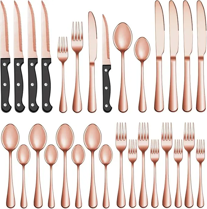 24 Piece Rose Gold Stainless Steel Silverware Set, Including Forks, Knives And Spoons Service For 4-12, Dishwasher Safe Cutlery Set ,Flatware Sets Designed For Use In Hotel and Restaurant
