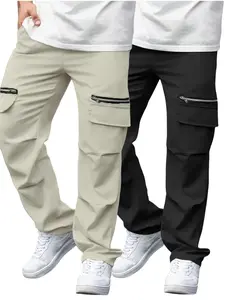 Plus Size Men's Solid Color Zipper Decor Drawstring Waist Cargo Pants, Regular Fit Casual Comfortable Waterproof Pocket Straight Leg Trousers for Daily Wear, Men's Bottoms for All Seasons