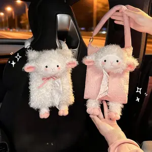 2026 Cute Sheep Shaped Plush Tissue Box, Hanging Car Headrest Tissue Holder, Hidden Opening Auto Napkin Dispenser