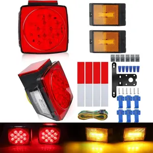 Waterproof Submersible LED Trailer Tail Lights, 12V Heavy-Duty Marker Lamp Set, 4-Pole Color Coded Wiring Harness, All Copper UV Wire, Complete Hardware for Boat & Utility Trailers