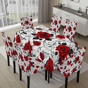 5/7-piece 2D Flat Printing Red White Black Rose Vines Printing Pattern Tablecloth and Chair Cover Set, for dining table and chair decoration, perfect for home, holiday gatherings, restaurants, and parties.