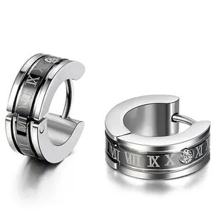 OIDEA Roman Numeral Huggie Earrings in Stainless Steel, Engraved Ear Cuff Jewelry for Men's Daily Style