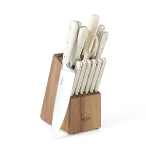 Martha Stewart Eastwalk 14-Piece Stainless Steel Cutlery Set w/ ABS Triple Riveted Forged Handle Acacia Wood Block