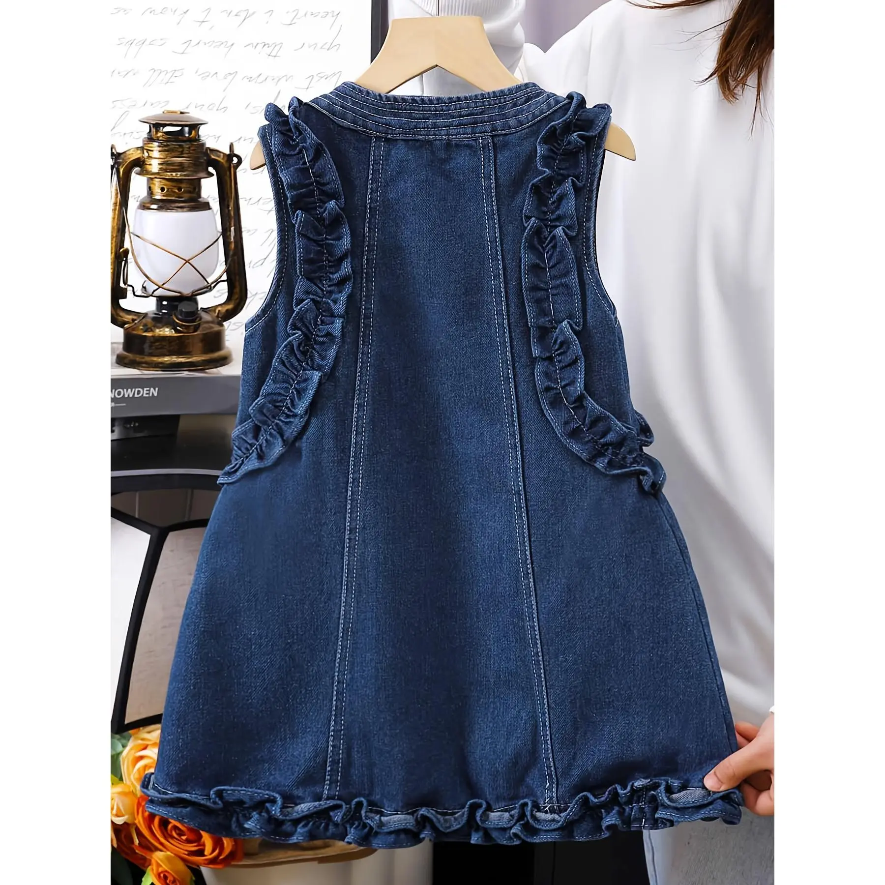 Girls Sleeveless Ruffle Denim Pinafore Dress, Side Frill Trim Round Neck A-Line Mini Jean Sundress Kids Casual Summer Outfit # Girls Daisy Smocked Ruffle Dress