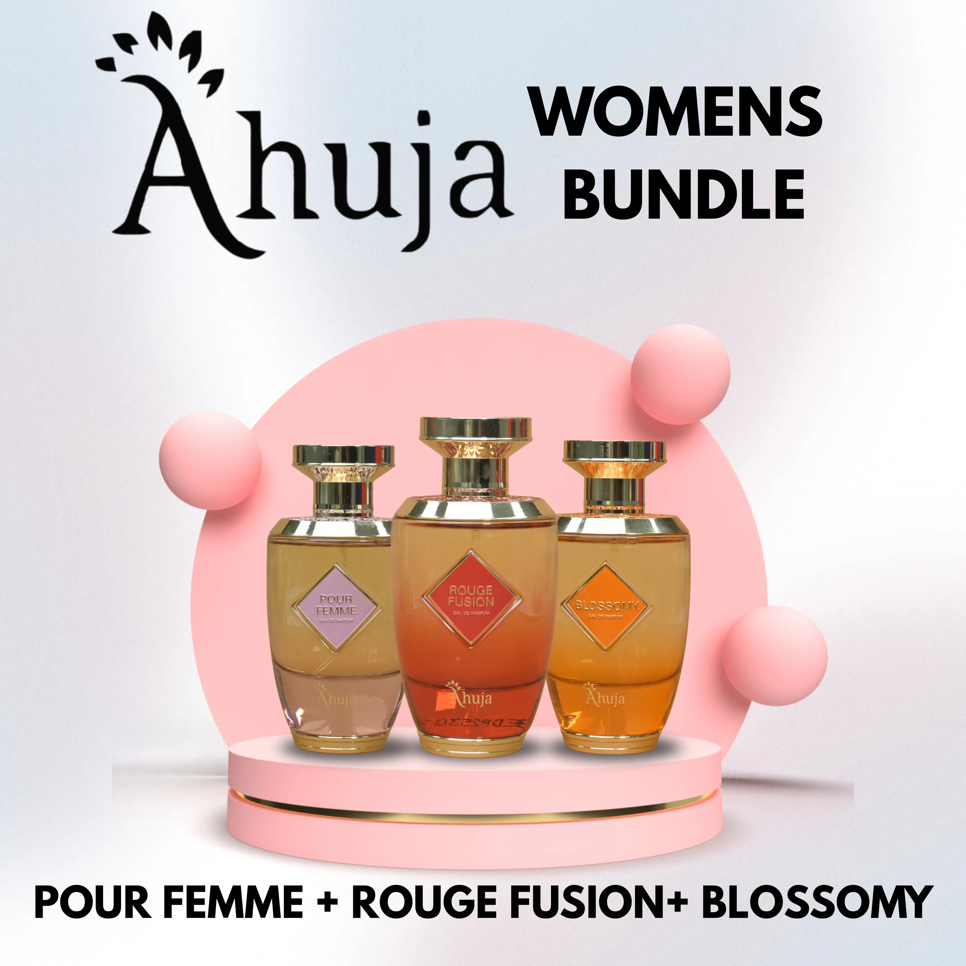 Ahuja Bundle Perfumes for Women ( Rouge Fusion + Blossomy + Pour Femme )