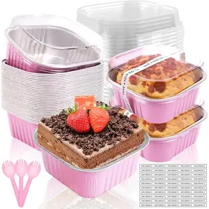 10oz Mini Cake Pans With  50 Pack  Foil Square Brownie Baking Cups,4"x4" Disposable Loaf Pans With  and Spoons Stickers,Large Cupcake Pans Muffin Cake Tins Cake Container()