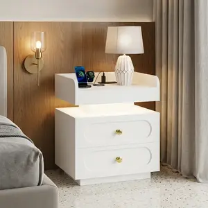 1/2 PCS Modern Floating Nightstand with Charging Station, LED Bedside Table with 2 Drawers, Rounded Corner Side End Table with Gold Handle, White Black Multi-Color for Bedroom Living Room Home Decor