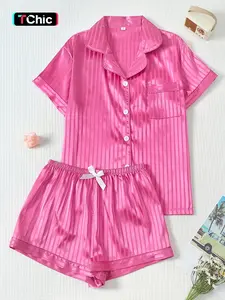 Women's 2-Piece Satin Pajama Set, Striped Fitted Top with Pocket, Bow Short Pants, Casual Home Wear, Comfortable Sleepwear