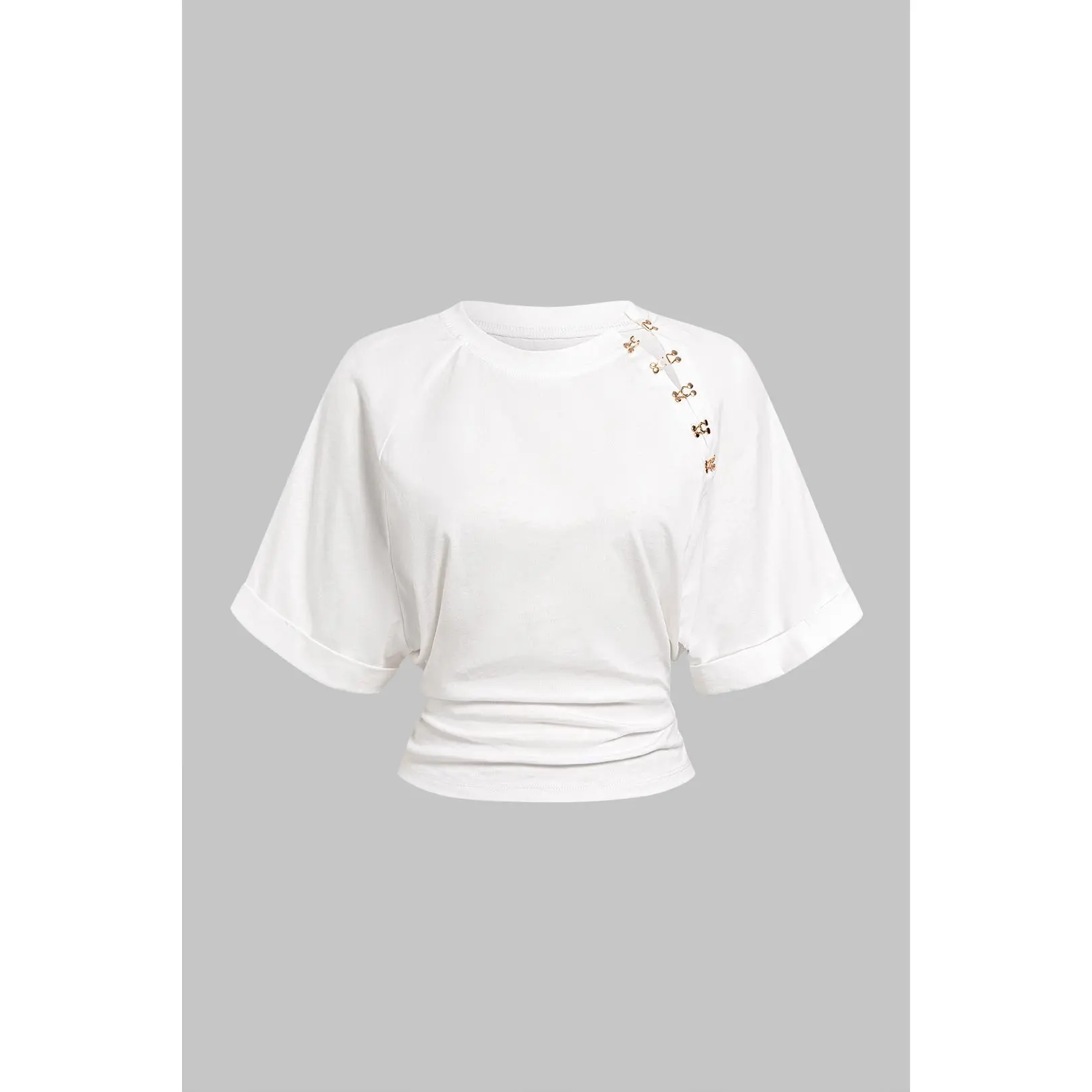 Metallic Buckle Round Neck Short Sleeve T-Shirt