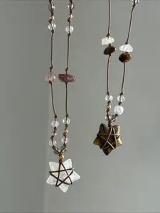 Handmade Boho Chic Crystal Star Pendant Necklace, Adjustable Drawstring Rope, Fashionable Women's Daily Wear, Party Accessory, Statement Necklace