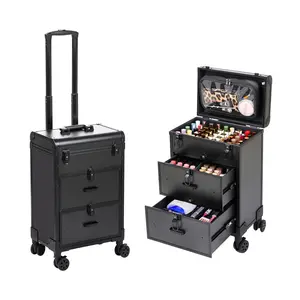 3 in 1 Rolling Makeup Case, Professional Train Case on Wheels with Detachable Clear Bag & Nail Polish Organizer, Large Cosmetology Travel Trolley with Drawers & Swivel Wheels for Nail Technicians, Cosmetologists, and Stylists