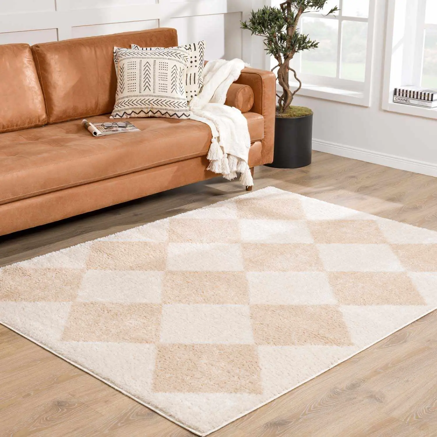Arilla Cream Beige Diamond Area Rug, Contemporary Indoor Home Decorative Rug, Machine Washable Carpet, Contemporary Rugs