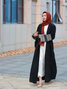 Women's Solid Color Embroidery Long Sleeve Abaya without Hijab, Modest Casual Open Front Maxi Abaya Dress for Daily Wear, Women's Islamic Clothing for Fall & Winter