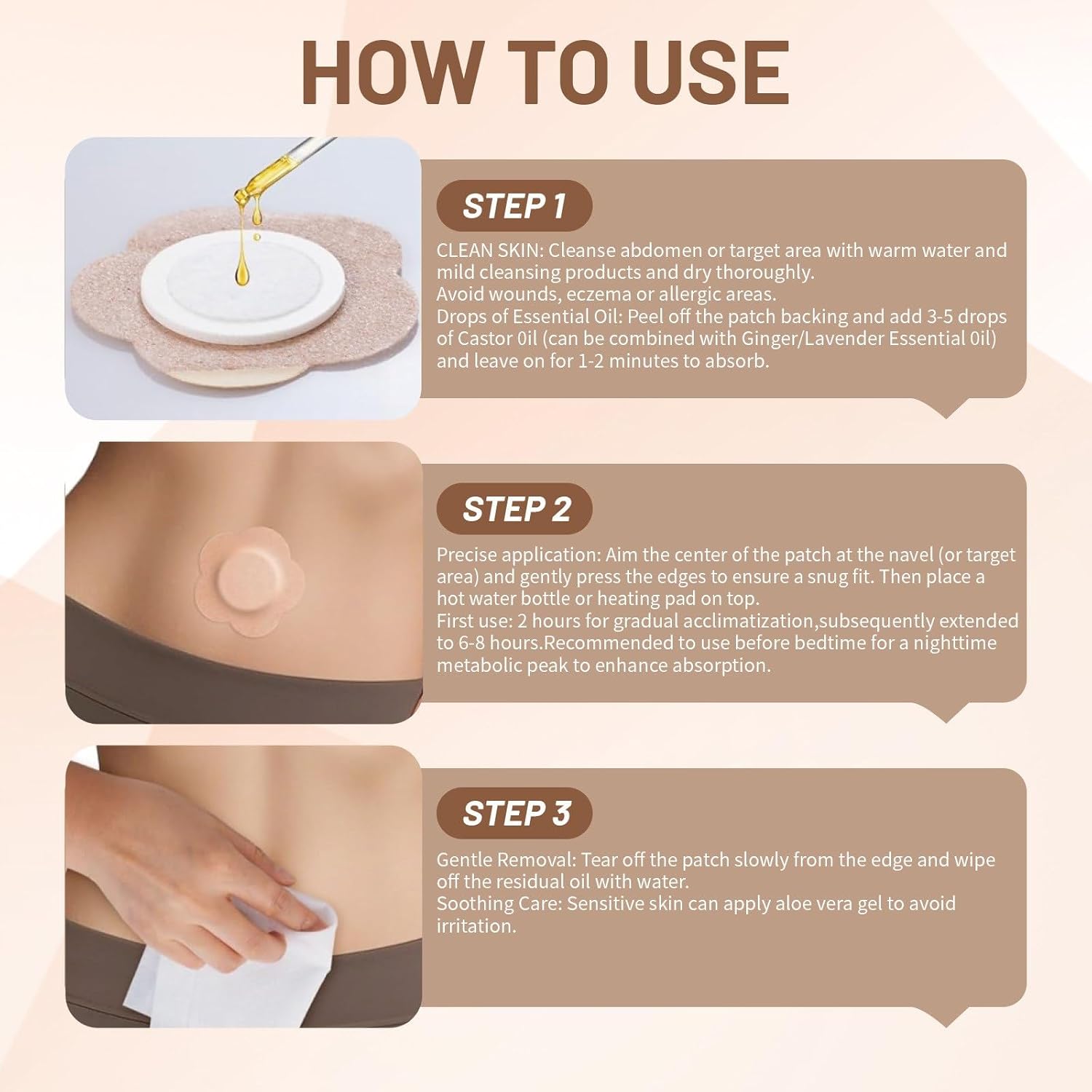 50 PCS Castor Oil Patches, Castor Oil Belly Button Patch, Disposable Organic Cotton Self-Adhesive Pads, Anti Leakage Design, Breathable & Portable, No Wash (Beige)