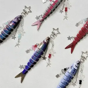 Novelty Fish Keychain, Fishing Enthusiasts Creative Bait Keychain, Jointed Design Fish Keyring with Beaded Charm, Realistic Lure Keychain for Bag Backpack, Good Luck Aesthetic Fish bag Pendant Trinket, Kawaii Keychain Style Accessory