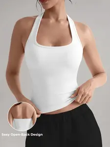 Women's Halter Top, Backless Sporty Design, Sleeveless Sports Wear, Soft Breathable Yoga Wear, Fitted All-Season, Solid Color, Ideal for Fitness & Daily Use