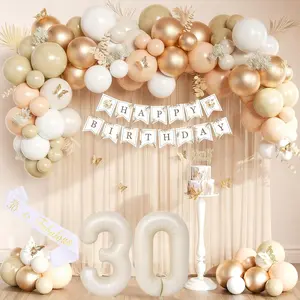 Beige 30th Birthday Decorations for Her, 30th Birthday Decorations Set - Happy Birthday Banner, Cream Number 30 Balloon, Sash, Nude Sand White Champagne Gold Balloons, Neutral Boho Party Decor