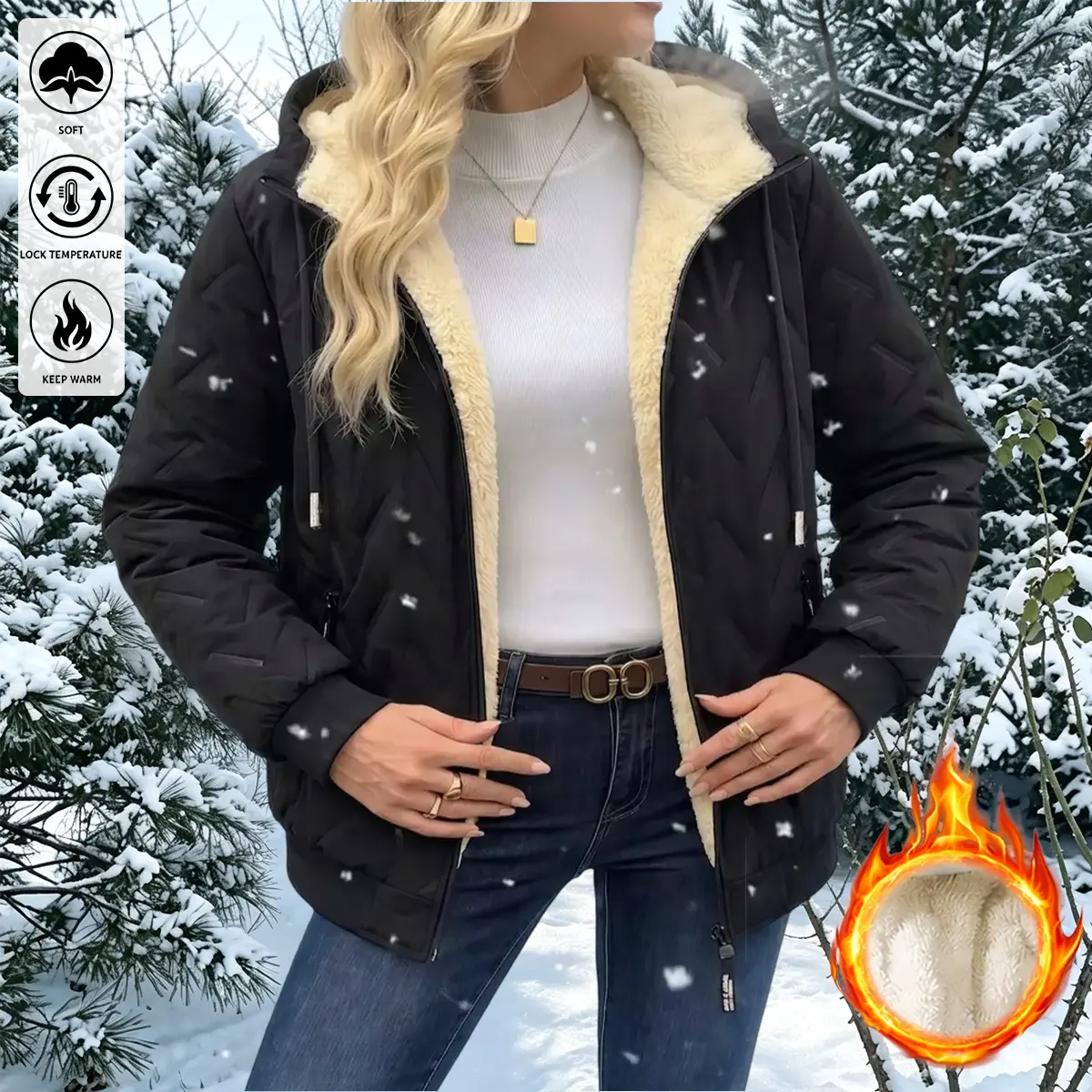 Women’s Korean-style winter hooded jacket with fleece lining, slim fit for warmth; suitable for outdoor streetwear and everyday wear in autumn/winter; long length with a regular, close-fitting cut; warm, windproof, contemporary casual style.