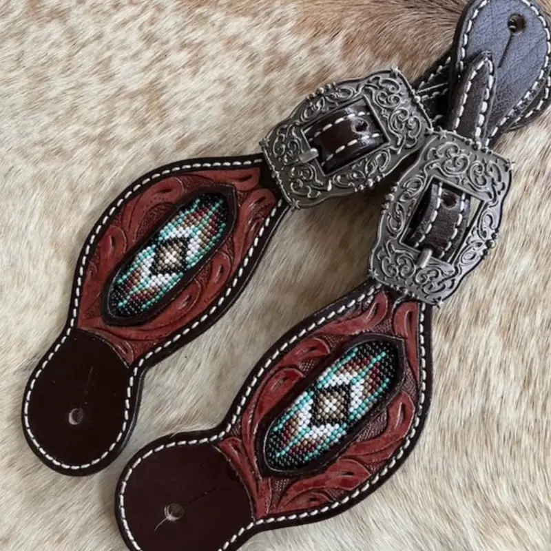 Two Tone Top Grain Leather Beaded Inlay Pair Ladies Size Western Spur Straps