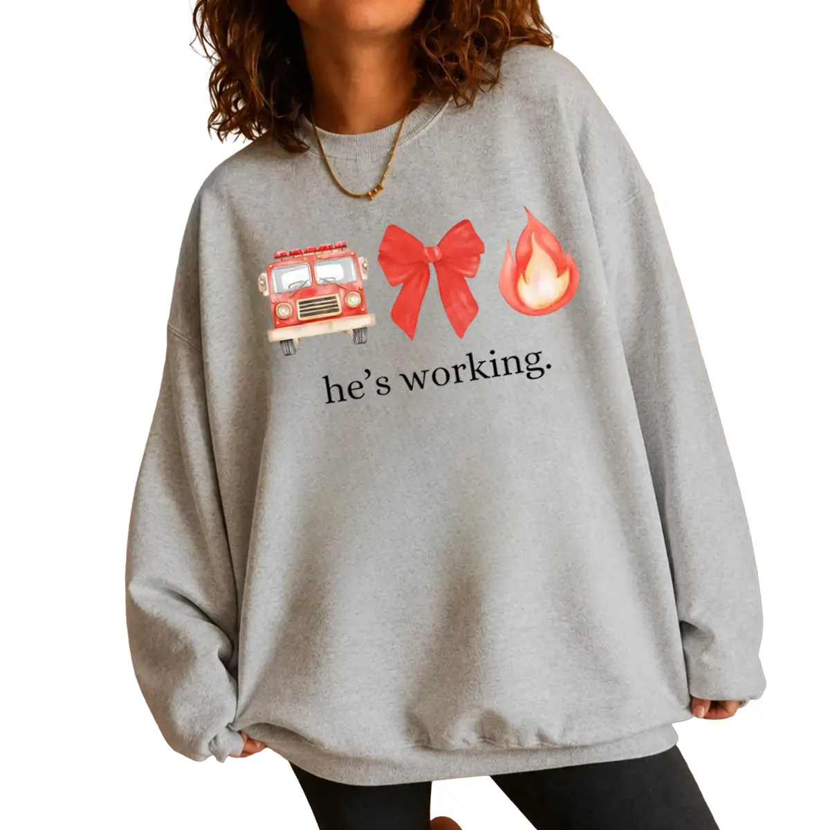 He’s Working Firefighter Wife Crewneck Sweatshirt, Fire Truck Bow Flame Graphic Pullover, Firefighter Spouse Gift