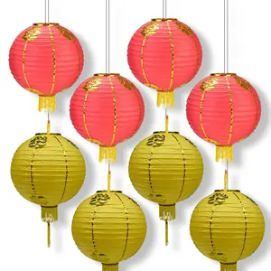 8 PACK Red Yellow Tradtional Chinese New Year Parallel Ribbing Round Nylon Lantern, Hanging Combo Set